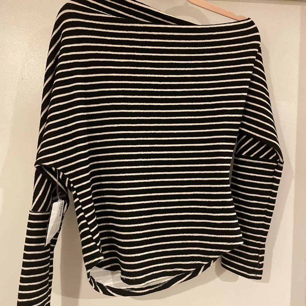 HYFVE Black and White Striped Off the Shoulder Boatneck Top
